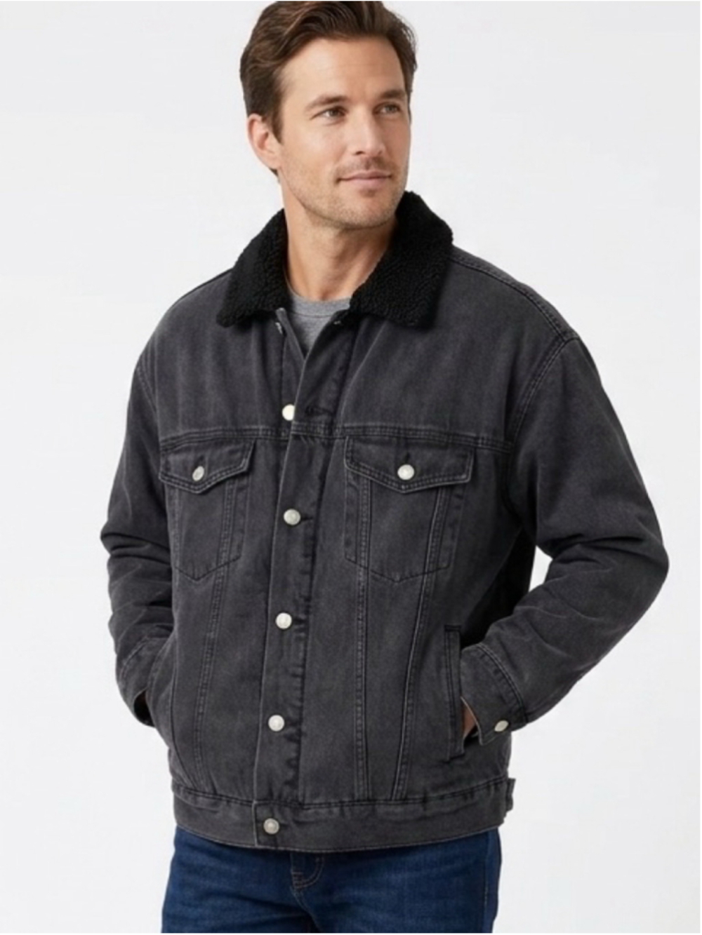 H&M &DENIM Black Sherpa Collar Faded Denim Trucker Jacket Size M